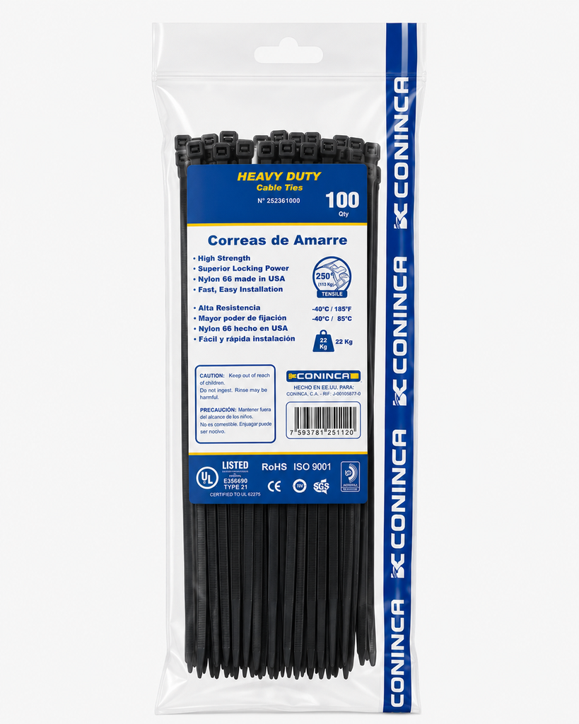 [0106-03] Cincho plástico negro de 8" x 3.6 mm (Bolsa de 100 Un.)